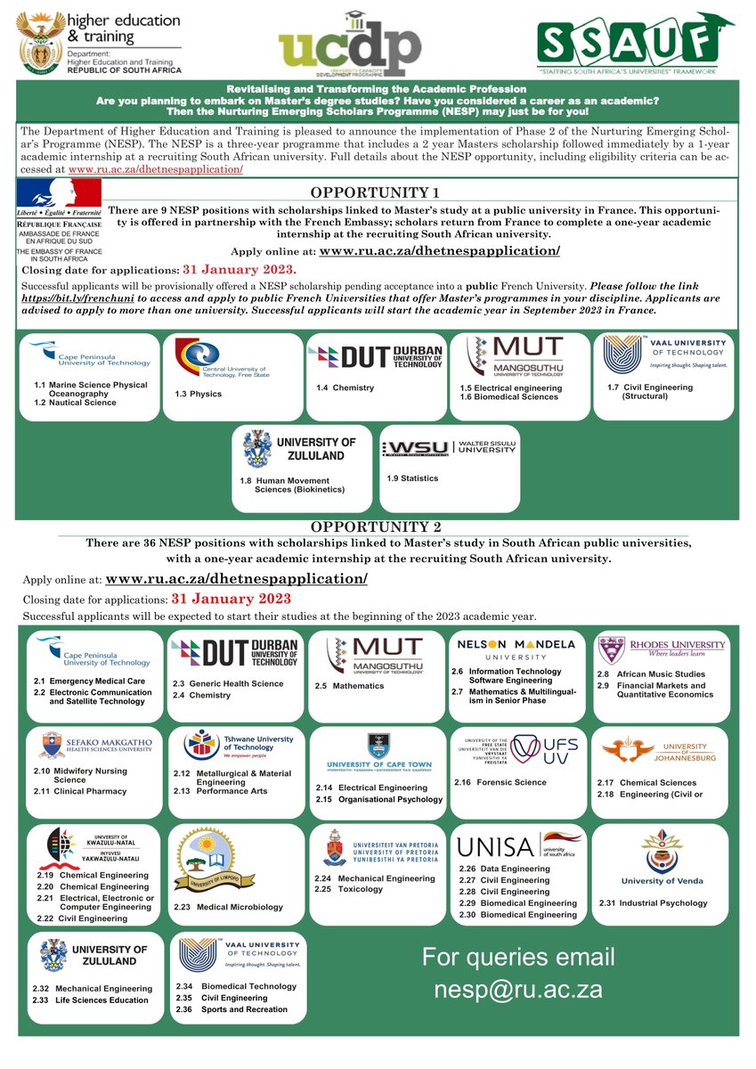 Are you planning to embark on a Master's degree study? Then the DHET’s Nurturing Emerging Scholars Programme may be for you. Please follow this link to learn more/apply: ru.ac.za/dhetnespapplic…. Closing date for applications: 31 January 2023