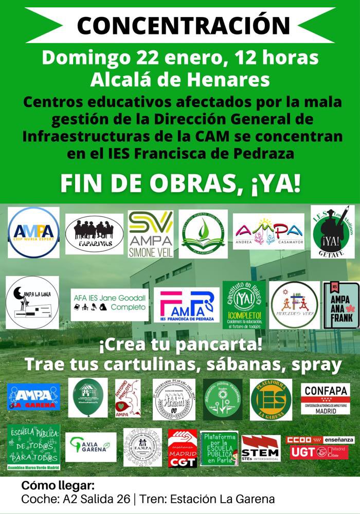 instilagarena's tweet photo. Las familias 👩🏽‍🎓afectadas 👨‍🎓por la gestión de Infraestructuras en Centros Educativos de la CAM, se CONCENTRARÁN 👨‍👩‍👧‍👧 en Alcalá de Henares, para instar a la CAM a cumplir sus 🚧COMPROMISOS 🚧@NunezFeijoo @IdiazAyuso @eossoriocrespo @mbautista_pp @lorenaherased @JudithPiquet https://t.co/P9jAuEsc5B