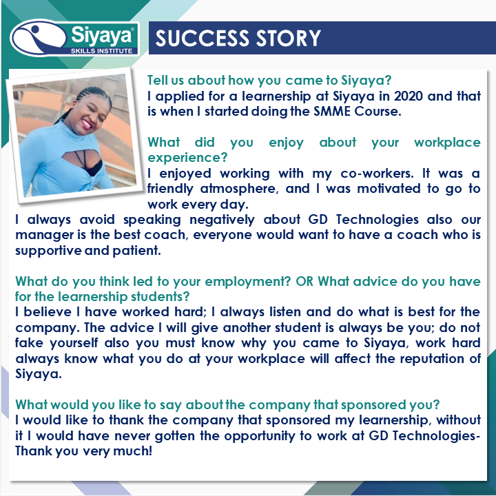 SiyayaSkills's tweet photo. #SuccessStory 
Well done Noxolo Luzipho, a Business Administration learner, now EMPLOYED at GD Technologies. Evidence that hard work is the key to success! #Congratulations🎉🎉 
#LearnerSpotlight #HardWork #Success #Talent #Goals #SAYouth #SiyayaSkills #BusAdmin https://t.co/sHgpjDYoQJ