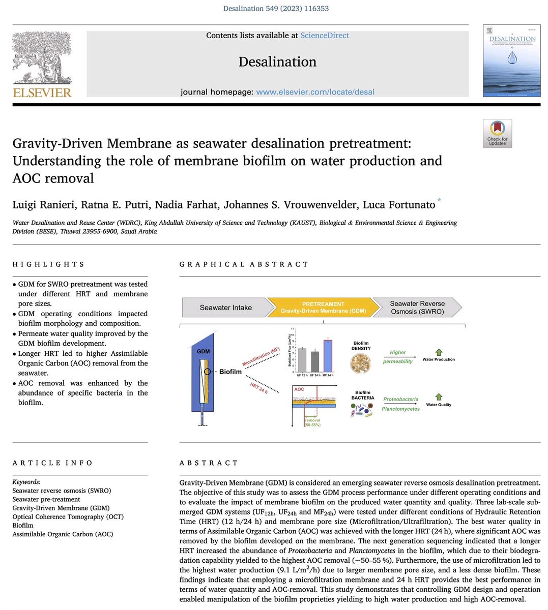 nembo_17's tweet photo. Discover our last work published on @DesalinationJ
#Biofilm in #sustainable #GDM systems can be manipulated by operational and design parameters to benefit the #pretreatment of #SWRO

https://t.co/qzxnieJ6Ej
 
@WDRC_KAUST
@KAUST

#Engineering #desalination #water #AOC https://t.co/9ObVOw1Foe