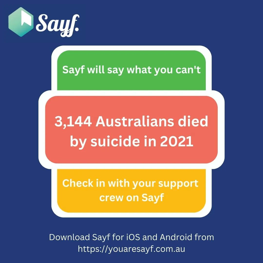 ‼️3,144 too many Australians died from suicide in 2021. 1 person dying by suicide is 1 too many. Suicide is preventable‼️

Sayf can help you start one of the most important conversations of your life 💙

#Mentalhealth #MentalHealthAwareness #SuicidePrevention #SuicideAwareness