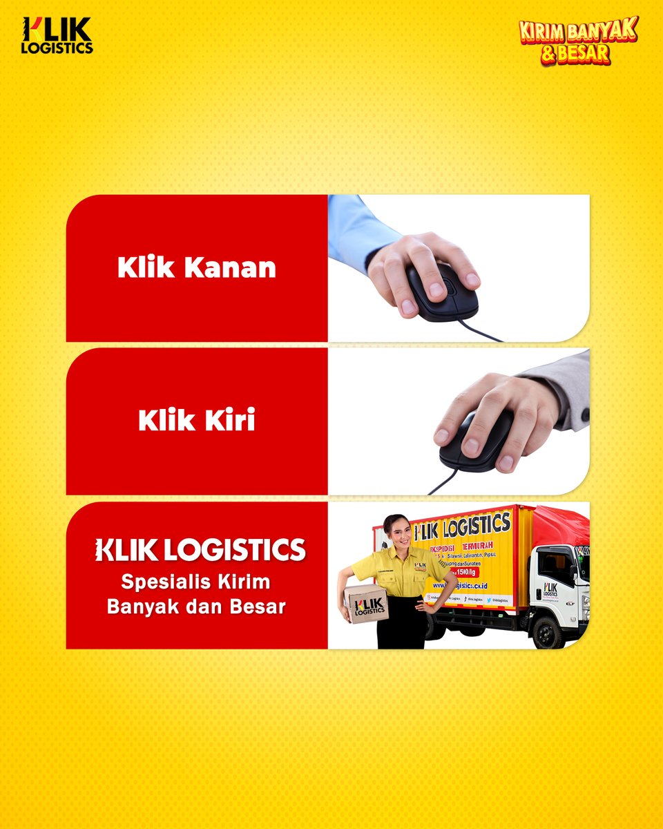 Klik kanan dan kiri beda fungsinya tergantung kebutuhan. Kalau klik yang bisa kirim barang banyak dan besar cuma Klik Logistics! Mulai Rp 1500/kg, siap kirim ke seluruh Indonesia!

Cek di kliklogistics.co.id 

#jasakontraktor #jasakirimcargo #pengirimanbarang #jasakirim