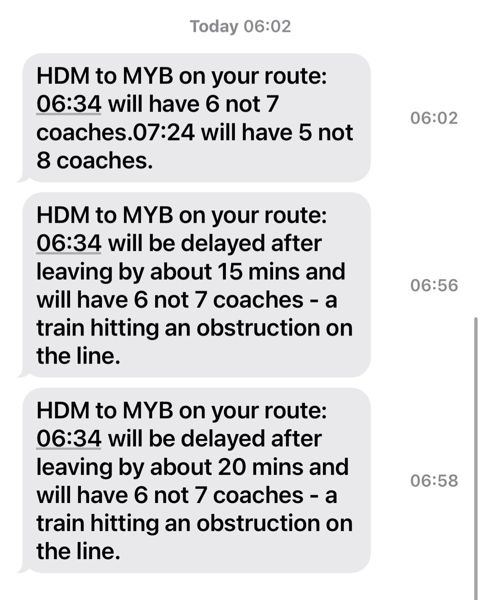 goody407's tweet photo. @chilternrailway nothing better than an early (now pointless) SMS update or is this for tomorrow? Effects the 6:34 but it’s nearly 7am and the train has left HDM 🤷🏻‍♂️ https://t.co/vGrXiXV3cm