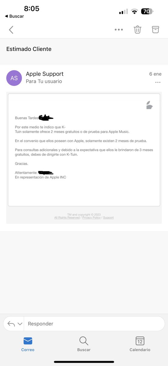 LittleNegri's tweet photo. @Ktuin @AppleMusicES @Apple Tras ponerme en contacto con usds, me indicasteis que me pusiera en contacto con @Apple, ellos investigaron mi problema y me confirmaron que yo no había tenido ninguna suscripción previa con @AppleMusicES. Con ello les muestro el correo de contestación… https://t.co/rcmIHyPGIg