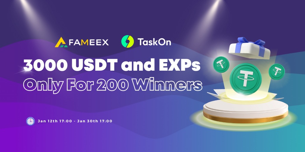 🎉Are you ready for $4,000 BIG REWARDS?

🤗#TaskOn x @FAMEEXGLOBAL 1st Bonus #giveaway is coming!

🎁 $3,000 $USDT + #EXPs
⏰ Jan 12th 17:00 - Jan 30th 17:00 (SGT)

✅Join now: taskon.xyz/campaign/detai…

🏆 WIN 2nd Event $1,000 $USDT Extra Bouns👇
🔗taskon.xyz/campaign/detai…