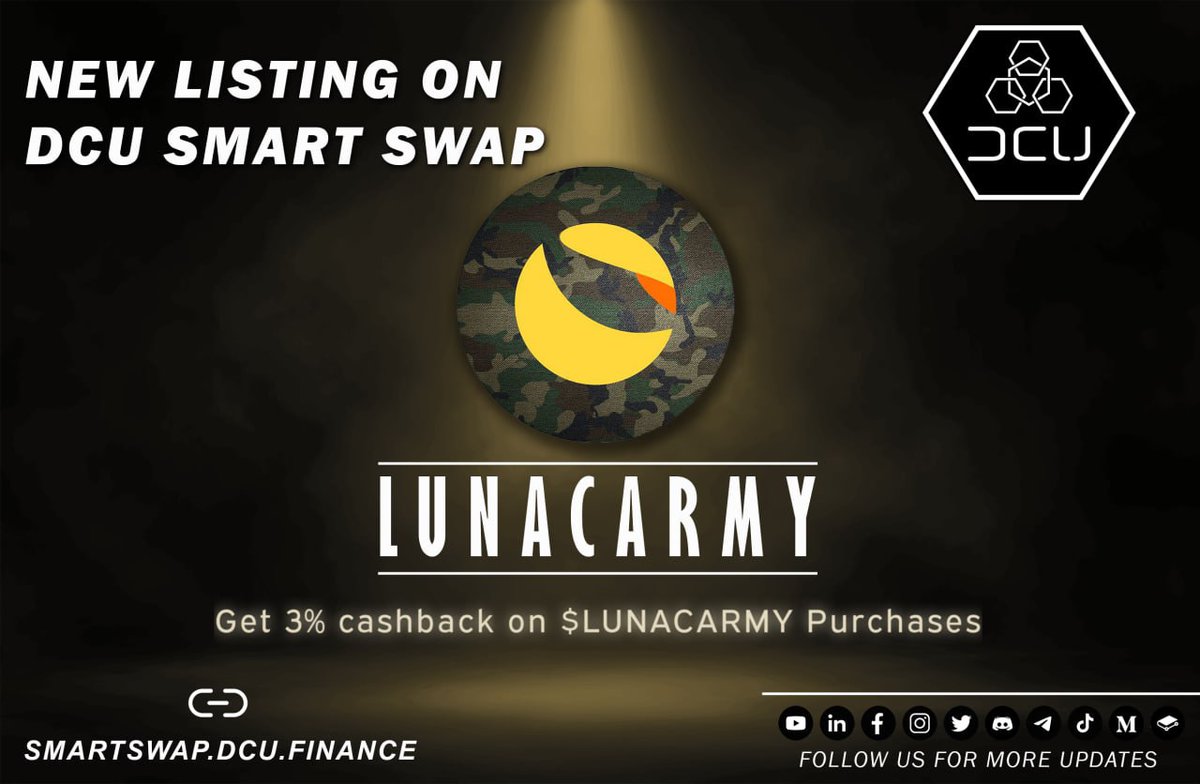 New listing on #DCUsmartswap!!

DCU welcomes <a href="/LuncArmyToken/">LUNCARMY Token</a> as our new listing!!

Telegram: t.me/luncarmy_offic…

Buy $LUNCARMY on DCU Smart Swap and get 3% cash back
smartswap.dcu.finance

#DCU #DCUSmartswap #BNB #BTC #ETH #bscgem #100xgem #Lunccommunity #LUNCARMY