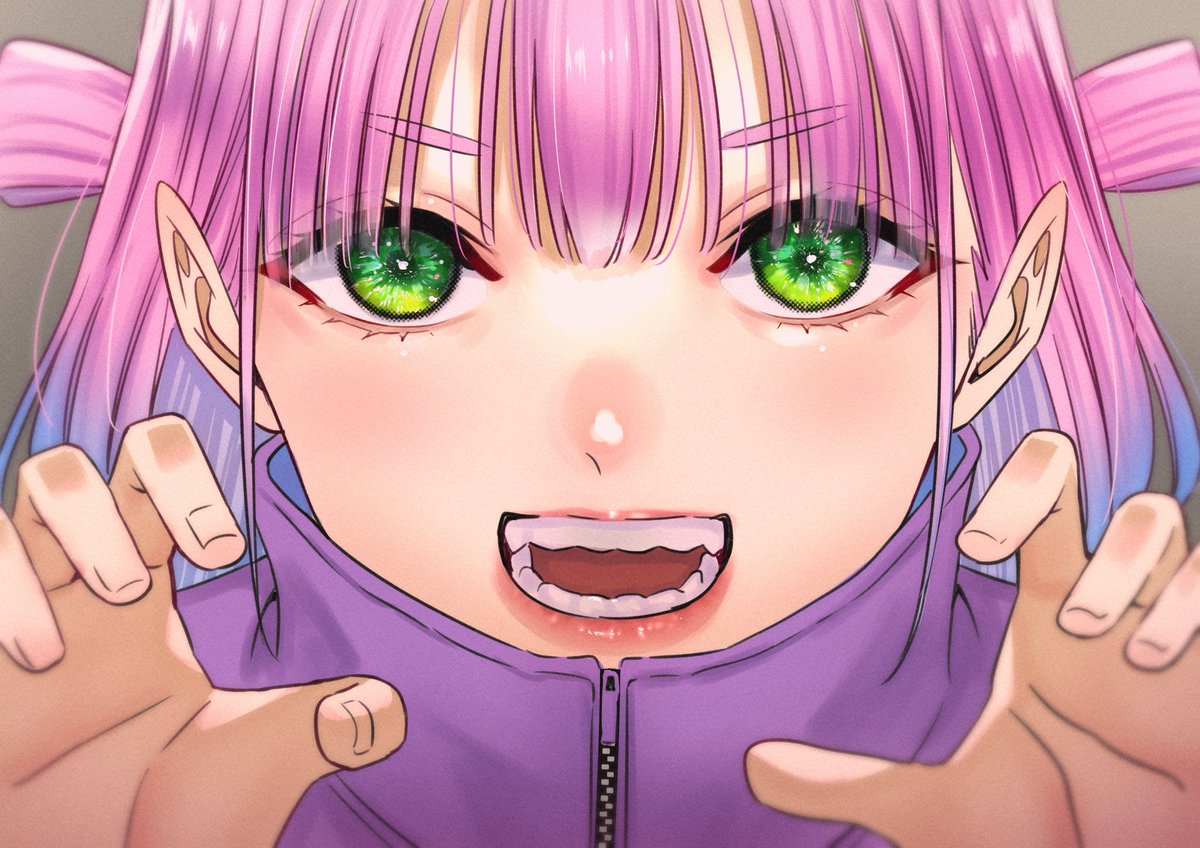 1girl solo green eyes claw pose pink hair looking at viewer open mouth  illustration images