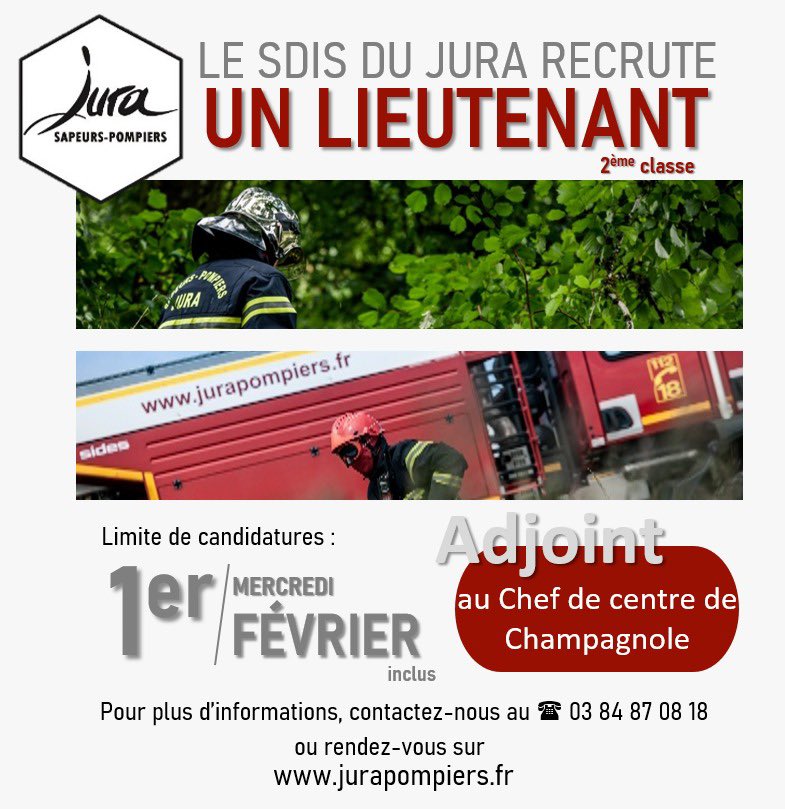 SDIS du Jura (@sdis39) on Twitter photo Le <a href="/SDIS39/">SDIS du Jura</a> recrute un Lieutenant 2ème classe pour le poste d’adjoint au chef de centre de Champagnole.
👉date limite des candidatures: le 1er février 2023.
👉poste à pourvoir au 1er avril 2023.
✅Rejoignez-nous! 👨🏼🚒🚒
<a href="/Prefet39/">Préfet du Jura</a> <a href="/udsp_39/">UDSP 39</a> Le <a href="/SDIS39/">SDIS du Jura</a> recrute un Lieutenant 2ème classe pour le poste d’adjoint au chef de centre de Champagnole.
👉date limite des candidatures: le 1er février 2023.
👉poste à pourvoir au 1er avril 2023.
✅Rejoignez-nous! 👨🏼🚒🚒
<a href="/Prefet39/">Préfet du Jura</a> <a href="/udsp_39/">UDSP 39</a>