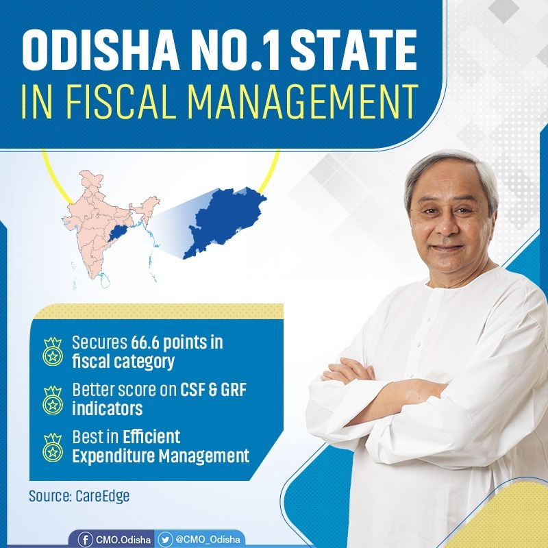 CMO_Odisha's tweet photo. Congratulations @FdOdisha as #Odisha has topped among large states in fiscal management, as per the CareEdge States’ Ranking report. Odisha scored high on revenue and fiscal deficit & healthy debt management indicators (CSF & GRF) which helped the state top the list. #OdishaLeads https://t.co/vj7B1RALMb