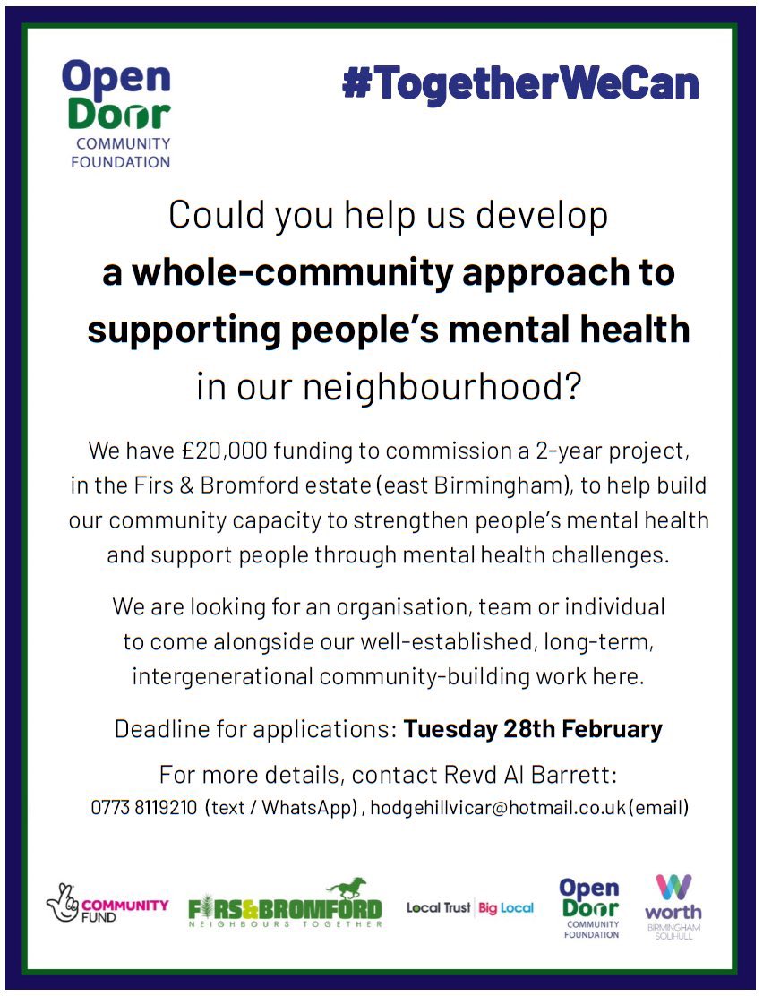 We're looking for an organisation, team or individual to work with us @FirsBromford to help build our community capacity to strengthen & support local people's #MentalHealth. Could it be you? Get in touch with us for more info!