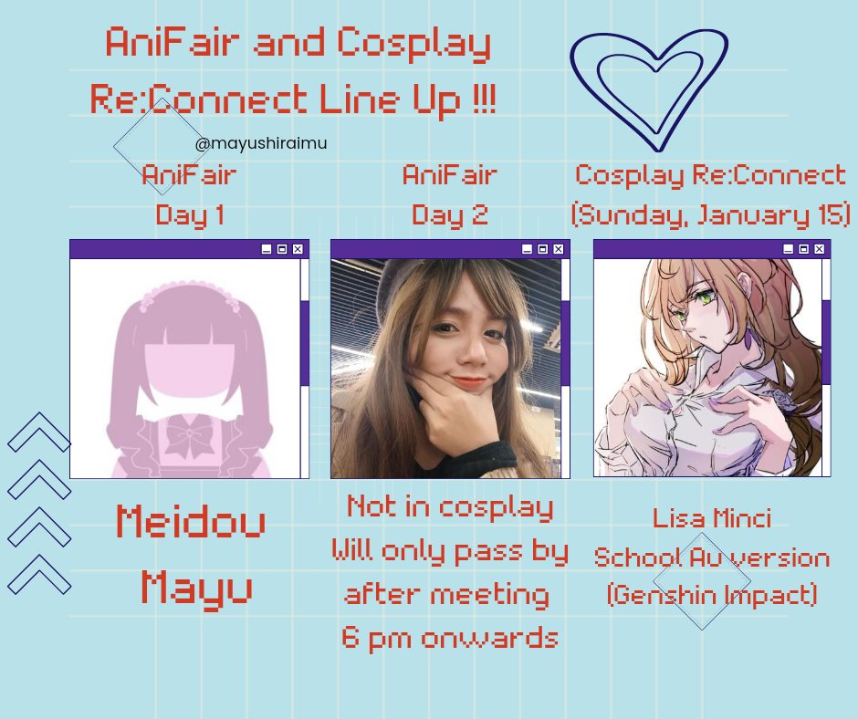 MayuShiraimu's tweet photo. NYAHOO MINNA !!! Posting my line ups for this weekend!
#maid #maidcosplay #meidou #meidoucosplay #maidmayu #meidoumayu #casual #casualoutfit #casuallook #lisaminci #GenshinImpact #AnimeFair #AnimeFair2022 #anifair #anifair2022 #cosplayreconnect #cosplayreconnect2022 https://t.co/Id7hQyO4Xr