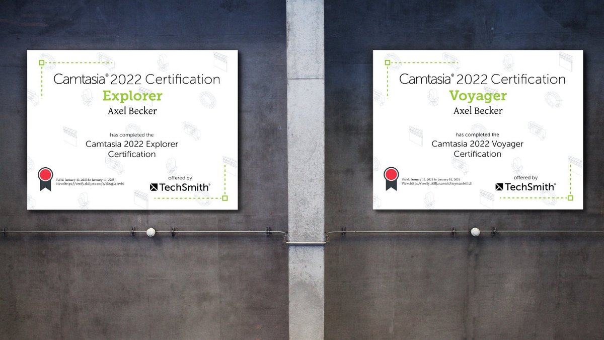 axelbecker's tweet photo. Ich habe heute die beiden Zertifizierungs-Prüfungen für Camtasia 2022 abgelegt. Wer über einen aktuellen Wartungsvertrag verfügt, kann diese Zertifizierungsprüfungen ablegen. Dazu gibt es Hilfs-Tutorials. #AxelBecker #Camtasia

https://t.co/4DmUeJsa2C https://t.co/yf71A2whQb