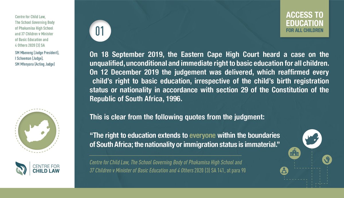 UPChildLaw's tweet photo. The Centre for Child Law would like to remind schools that no learner should be denied or refused access to education due to a lack of documentation (i.e. Birth Certificate). See the High Court Judgement below:

#accesstoeducation #2023SchoolsAdmission https://t.co/qDbOneQbg5