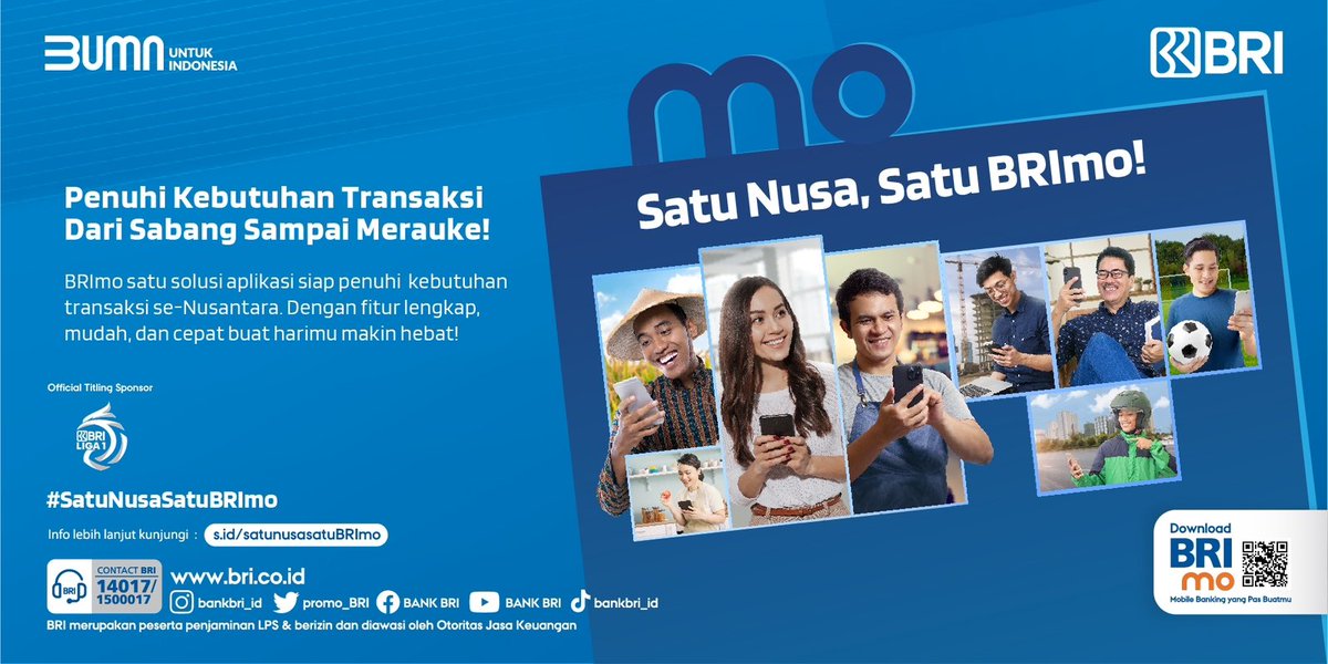 promo_BRI's tweet photo. Sobat BRI,
BRI kini hadir lebih dekat memenuhi kebutuhan finansial dan transaksi se-Nusantara dengan BRImo. 
.
Satu Nusa, Satu BRImo 
untuk kamu dari Sabang sampai Merauke.
.
Info lebih lanjut kunjungi: https://t.co/DtdlRovBiI
#BRI #BRImo #SatuNusaSatuBRImo #SemuaPakeBRImo https://t.co/5g1WyO5q3v