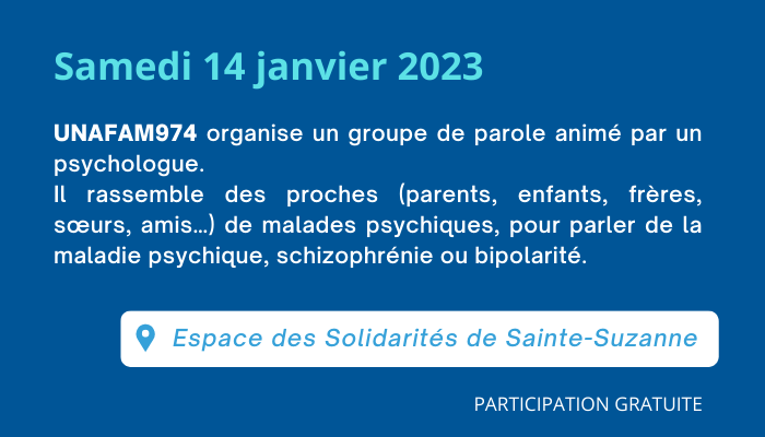 epsm_reunion's tweet photo. Groupe de parole @Unafam Réunion➡️ ce samedi à l'Espace des Solidarités de Sainte-Suzanne
❗Inscription par mail à :
📧974@unafam.org
ou par téléphone au 06 92 38 85 97
ℹ️ Participation gratuite
#psychologue #santémentale #unafam #Schizophrenia #bipolarite #LaReunion https://t.co/PIocbc6M3a