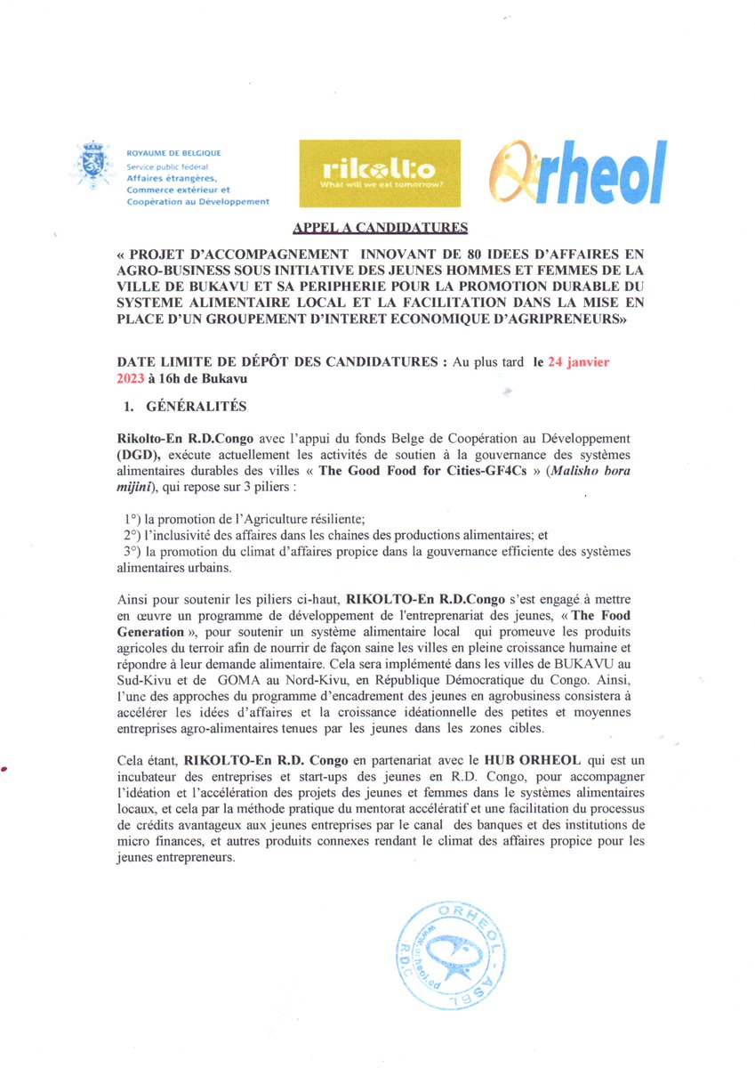 IBukavu's tweet photo. RIKOLTO - ORHEOL veulent identifier 40 entreprises qui bénéficieront d’un renforcement dans le cadre d’un projet de promotion des produits alimentaires du terroir. Etes-vous intéressé(e) ? postuler via ce lien https://t.co/4R1QnOlKwh 
@LaurentKasindi

@PMUGULA

@BalekageElysee https://t.co/Q9jK7dJkd2
