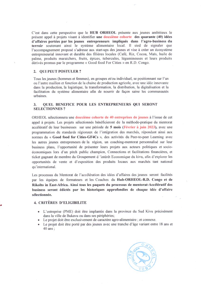 IBukavu's tweet photo. RIKOLTO - ORHEOL veulent identifier 40 entreprises qui bénéficieront d’un renforcement dans le cadre d’un projet de promotion des produits alimentaires du terroir. Etes-vous intéressé(e) ? postuler via ce lien https://t.co/4R1QnOlKwh 
@LaurentKasindi

@PMUGULA

@BalekageElysee https://t.co/Q9jK7dJkd2