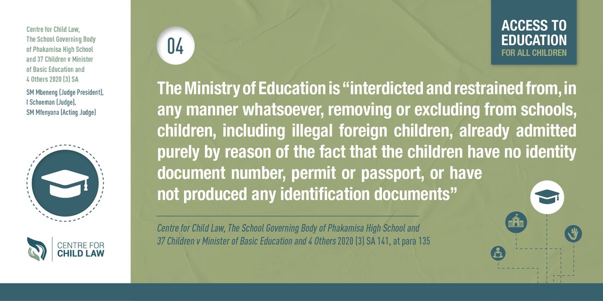 The Centre for Child Law would like to remind schools that no learner should be denied or refused access to education due to a lack of documentation (i.e. Birth Certificate). See the High Court Judgement below:

#accesstoeducation #2023SchoolsAdmission