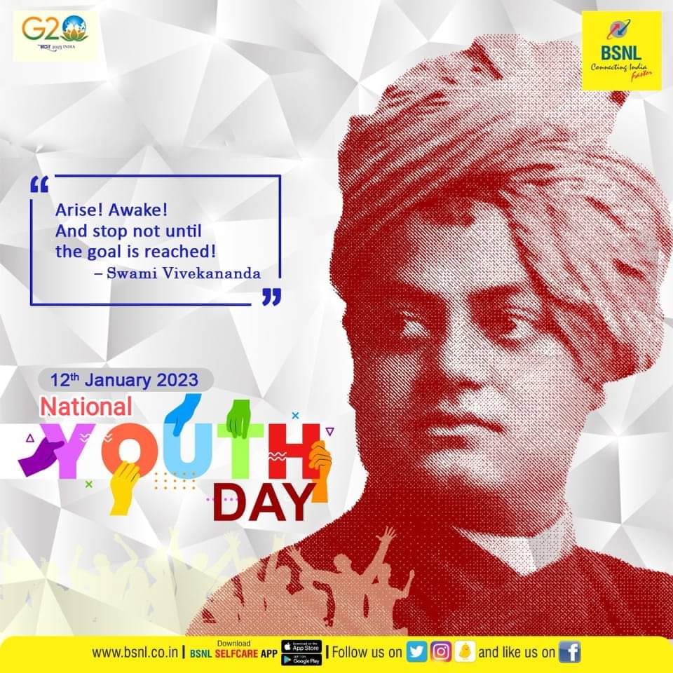 Let’s remember SwamiVivekananda’s teachings and values and take inspiration to build a stronger nation. 

#NationalYouthDay2023 #YouthDay #SwamiVivekananda #SwitchtoBSNL #BSNL #4G #Prepaid #Postpaid #MNP #Broadband #FTTH #LeasedLines #4GPlusWiFiHotspot #MGMargCSC #Gangtok #Sikkim