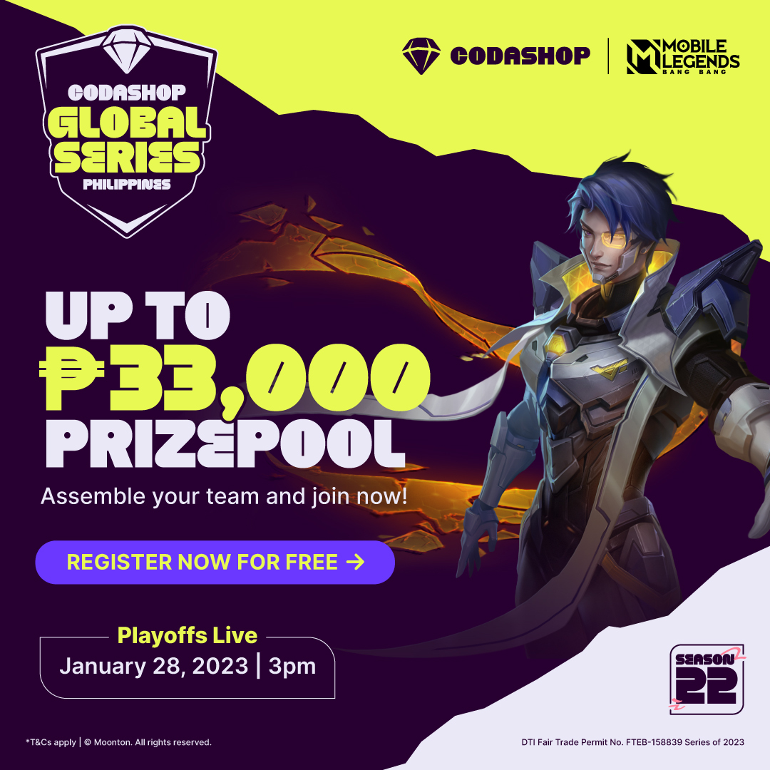Codashop_ph's tweet photo. Nagbabalik ang Codashop Global Series Season 22 sa isa nanamang kaabang abang na Mobile Legends: Bang Bang Tournament! Isali na ang inyong squad at baka kayo na ang sususunod na mag champion!
To register, filling up this form: https://t.co/xmqYJD8YIsย ย
#CodashopPH #CGS22 https://t.co/zaZw0bKB9p
