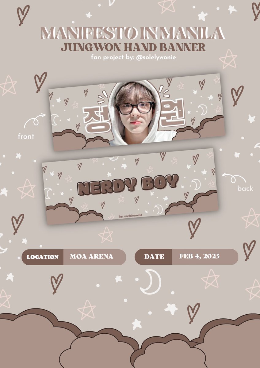 solelywonie's tweet photo. ఇ #MANIFESTO_IN_MANILA ఇ

— hello, engenes! i will be giving away free jungwon nerdy boy hand banners on manilafesto day 2 (feb 4) ^^

ෆ mbf
ෆ like &amp; rt to spread
ෆ 1:1 ratio (limited qty)
ෆ exact time &amp; place: tba 

see you there !! https://t.co/EoTdkxDAa1