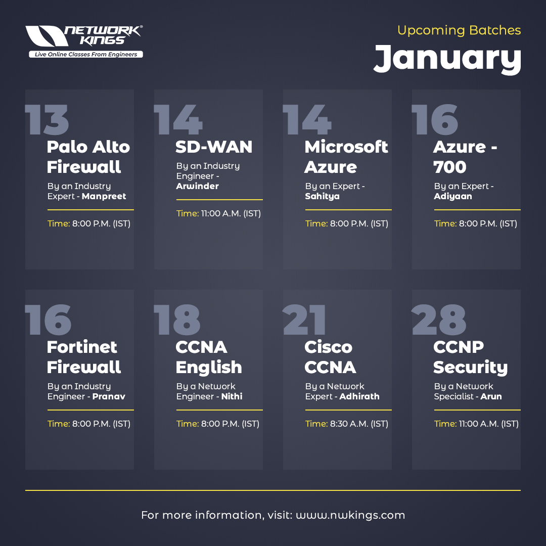 nwkingsofficial's tweet photo. Techies, here's a complete schedule of our upcoming batches for January 2023! π₯
Stay up to date with us. β¨
Begin your journey with us, talk to our career counsellors for free: https://t.co/ovC7brRjRn
#networkkings #ccna #ccnp #newbatches #engineering #explore #explorepage https://t.co/hcdpvQM2Y9