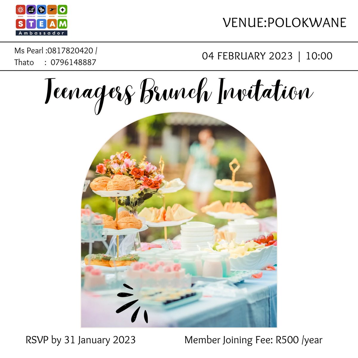 We are inviting Teenagers in Polokwane, Emalahleni and Pretoria to join us for brunch as we will be launching an exciting Young Adults program (mentorship, job shadowing, innovation , leadership, entrepreneurship etc.) <a href="/AcademyActivate/">ACTIVATE! ACADEMY</a> <a href="/ActivateZA/">ACTIVATE! Change Drivers</a> @dsigovza <a href="/wama_2000/">Rakgadi WaMa 2000</a>