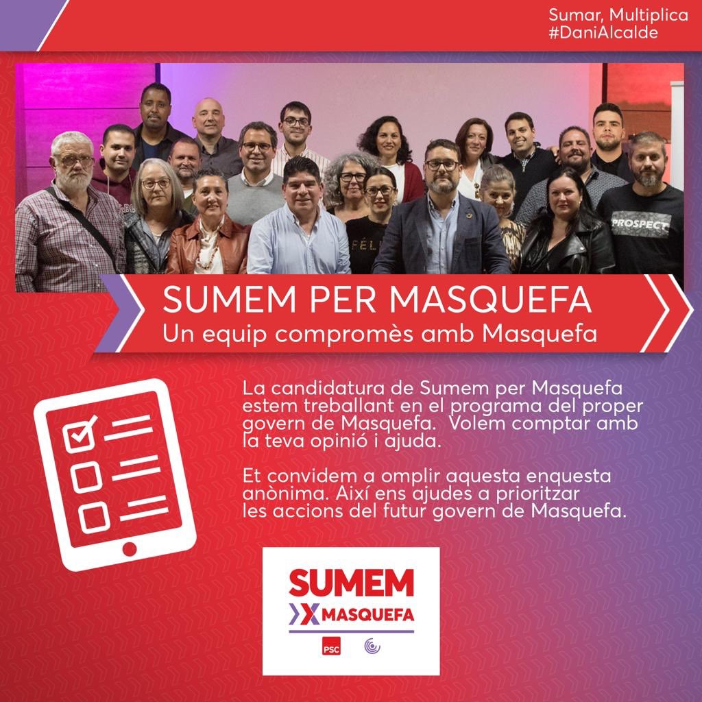 SumemXMasquefa's tweet photo. Hola! 👋🏻
La candidatura de Sumem per Masquefa estem treballant en el programa del proper govern de Masquefa.

Et convidem a omplir aquesta enquesta anònima. Així ens ajudes a prioritzar les accions del futur govern de Masquefa. 🔴🟣

https://t.co/as4DfdB3pu

Sumar, Multiplica https://t.co/t5ZibwPfdB