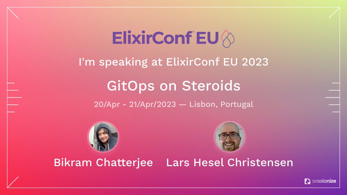 Bikram Chatterjee (@c_bikram) on Twitter photo #myelixirstatus I will be at <a href="/ElixirConfEU/">ElixirConf Europe</a> Lisbon with my buddies <a href="/larshesel/">Lars Hesel</a> and <a href="/der_graf/">André Graf</a>. Also I will be talking about GitOps on Steroids (elixirconf.eu/talks/gitops-o…)
Excited to be at this awesome conference! elixirconf.eu/participants/b… #myelixirstatus I will be at <a href="/ElixirConfEU/">ElixirConf Europe</a> Lisbon with my buddies <a href="/larshesel/">Lars Hesel</a> and <a href="/der_graf/">André Graf</a>. Also I will be talking about GitOps on Steroids (elixirconf.eu/talks/gitops-o…)
Excited to be at this awesome conference! elixirconf.eu/participants/b…
