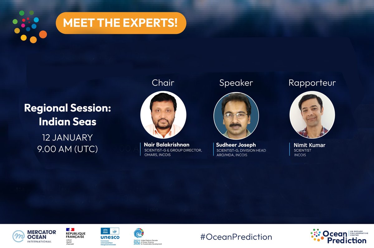 📌@UNOceanDecade #OceanPrediction DCC kick-off meeting

Join #INCOIS scientists Balakrishnan Nair, Sudheer Joseph and Nimit Kumar today at 2:30 PM for a session on 'Regional Session – Indian #Seas.'

FREE Registration: bit.ly/3v8kwmZ