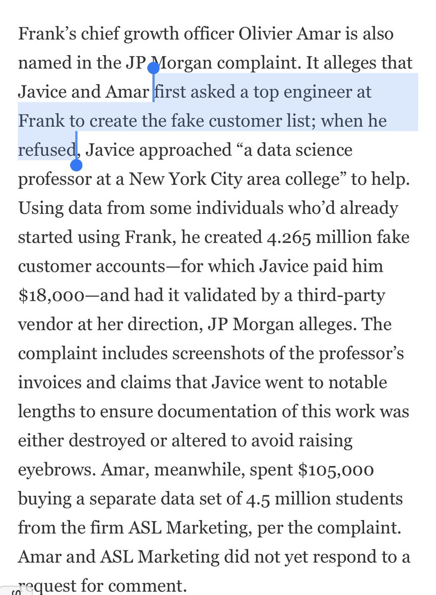 JP Morgan bought student loan startup Frank for $175M in 2021, thinking they had 4M customers. In reality: customers were fake.

The big story we should be talking about is how devs at the startup refused to generate fake students… so CEO Charlie Javice had to outsource this.