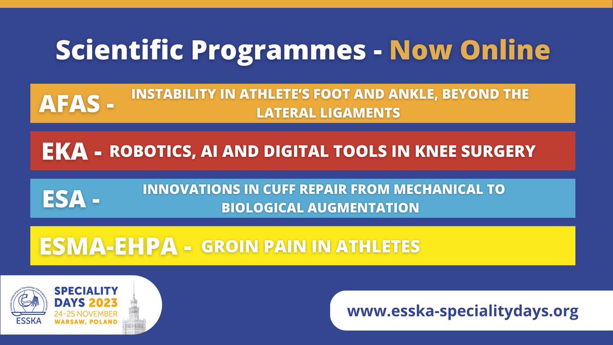 ESSKA_society's tweet image. All our #scientific programmes are now online for #ESSKASD2023! Check out the programmes below.

AFAS: loom.ly/5tUfGfc
EKA: loom.ly/dIZ4JBE
ESA: loom.ly/181Whlg
ESMA-EHPA: loom.ly/hmVwDPE

#sportstraumatology #kneesurgery #Arthroscopy
