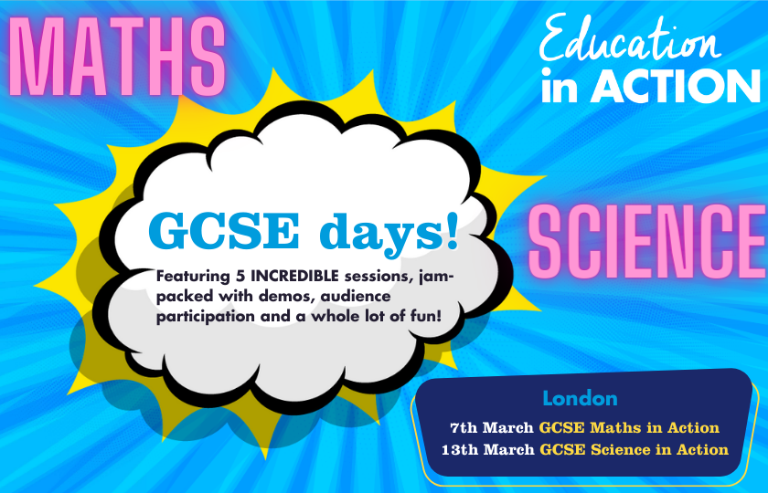 edu_in_action's tweet photo. GCSE days are back this spring so join us in London or Online for Maths &amp; Science days guaranteed to wow your students! Each day features 5 fascinating sessions full of demos, audience participation and a bonus exam masterclass! 

 #GCSEStudents  #GCSEMaths #GCSEScience  #STEM https://t.co/wHxnscOebD