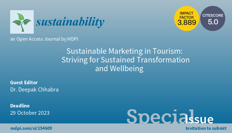Sus_EB_MDPI's tweet photo. Special Issue "#SustainableMarketing in #Tourism: Striving for Sustained Transformation and Wellbeing" welcomes submissions, edited by Dr. Deepak Chhabra from @ASU.

Submission deadline: 29 October 2023 
Read more at: https://t.co/HhUdyuBNMB https://t.co/qQeIagQFp3