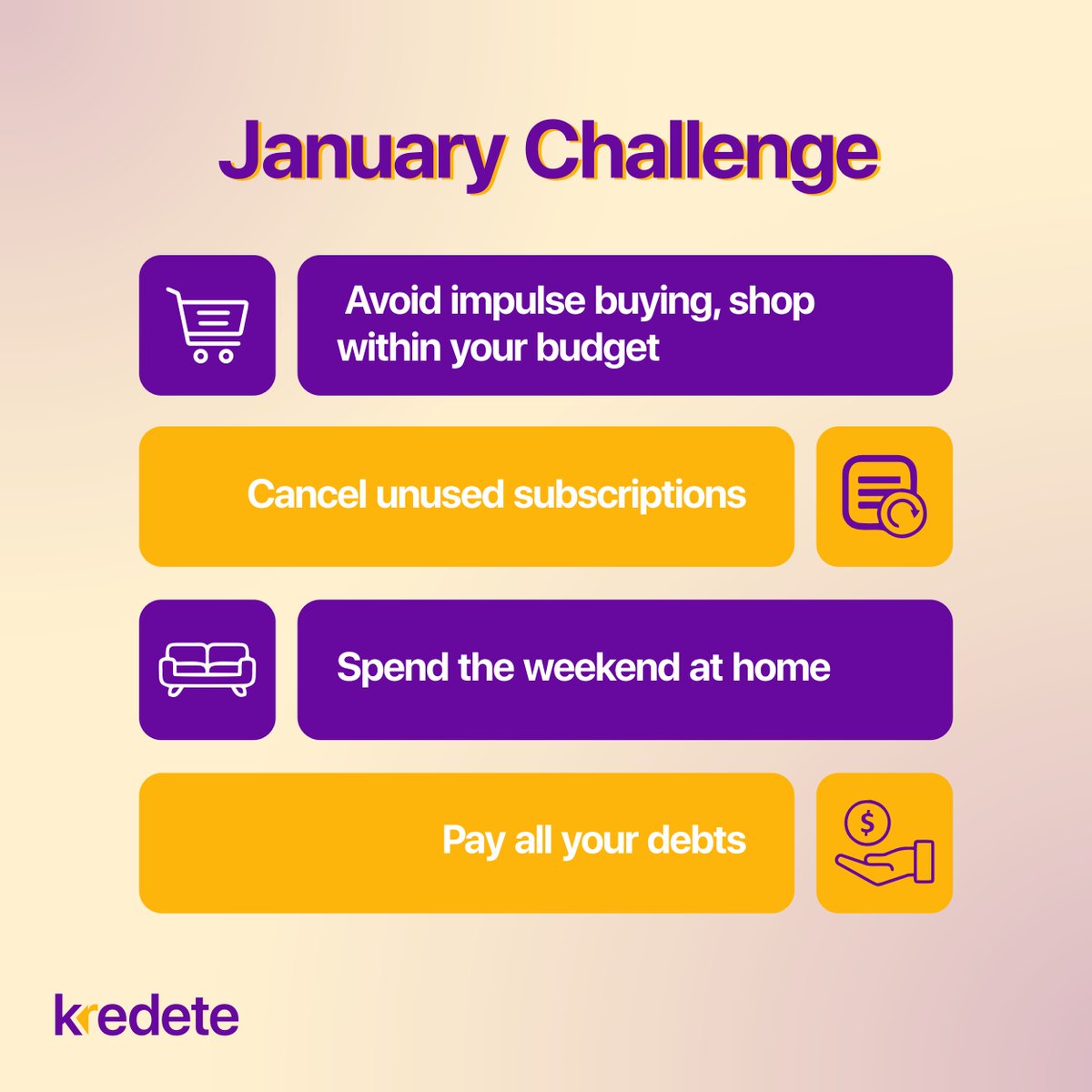 kredete's tweet photo. Who is up for some challenge this January? If you would love to level up your finances this new month, here are some tasks you should do.
#JanuaryChallenge #LevelUp #JanuaryContest #FinancialGoals https://t.co/wiiaAqhWj1