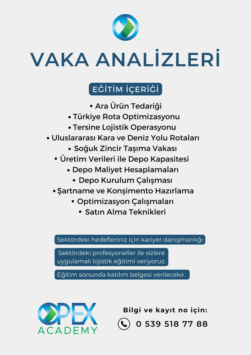 AcademyOpex's tweet photo. Opex Akademi'de sizleri Vaka Çalışmaları ile sektöre hazırlıyoruz. 
Güncel konular ve vaka analizleri ile uygulamalı ''Tedarik Zinciri ve Lojistik Yönetimi'' eğitimlerimizi üst düzey yöneticiler ve direkt sektörden profesyoneller tarafından öğrenmenizi sağlıyoruz.
0539 518 77 88 https://t.co/4UyTInVf9r