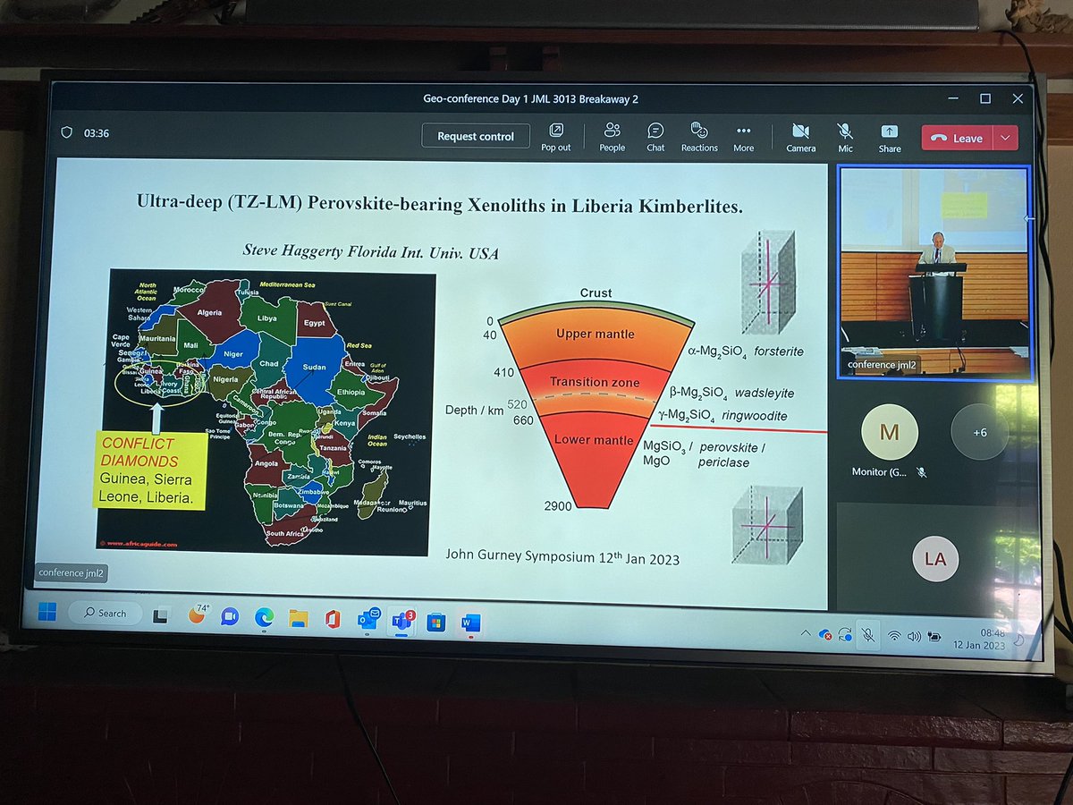 GeophysicsWebb's tweet photo. Great start to second day of #Geocongress with keynote Steve Haggerty speaking on unusual xenoliths from Liberia and ECR Sinelethu Hashibi ending the morning segment of the kimberlite session combining indicator mineral chemistry with receiver function results. https://t.co/LIghC9E3dm