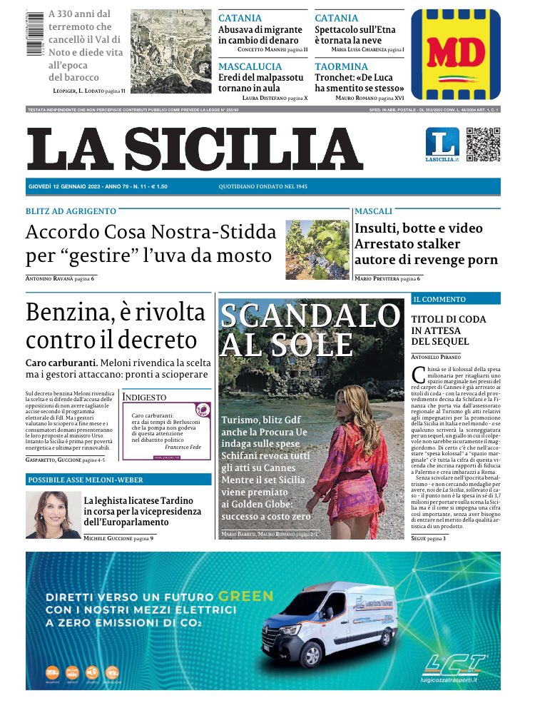 Schifani revoca la mostra al #festivaldicannes. 
#meloni rivendica la scelta di non abbassare le #accise.
330 anni fa il #terremoto che distrusse il Val di #noto. 

#edicola #primapagina #rassegnastampa