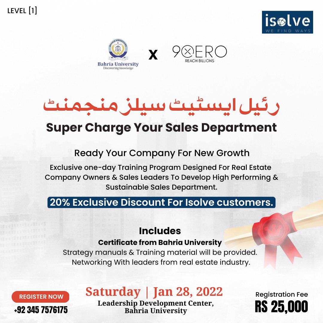 theisolve's tweet photo. iSolve is arranging training for CEO's and Sales Heads of Real Estate Companies in collaboration with Bahria University and 9xero, at Leadership Development Centre of Bahria University. This comprehensive training will address all bottlenecks faced by Sales departments. https://t.co/wbhOhb6O89