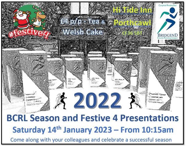 Don’t forget it’s the #BCRL2022 &amp; <a href="/Festive_4/">Festive Four</a> awards presentations after <a href="/porthcawparkrun/">porthcawl parkrun</a> in the <a href="/TheHiTide/">Hi Tide</a> this Saturday.

Come along and celebrate a great year of running &amp; fun in the local area supported by our local community clubs ⬇️⬇️