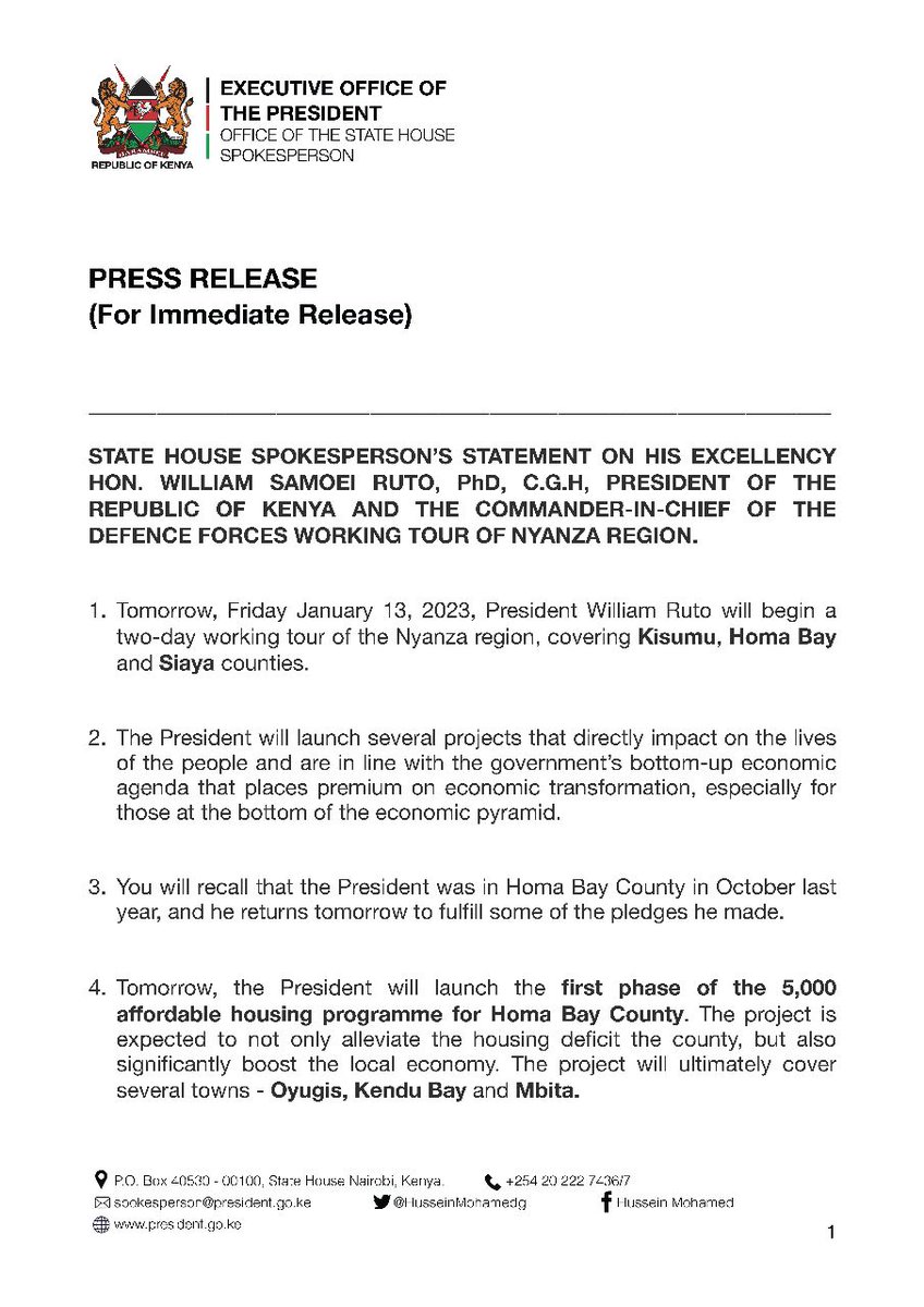 HusseinMohamedg's tweet photo. Statement on President @WilliamsRuto's two-day working tour of the Nyanza region that kicks off tomorrow. The tour will cover Kisumu, Homa Bay and Siaya Counties. https://t.co/oReKUX7vjp