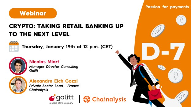 ⌛ Tic Tac ... Only 7 days left until our upcoming #webinar on #cryptocurrencies “Taking #retail banking up to the next level”! As a reminder, the webinar will be held on January 19th from 12 p.m. to 1 p.m. (CET) ✅Follow the link for registration: bit.ly/3IoNbMK