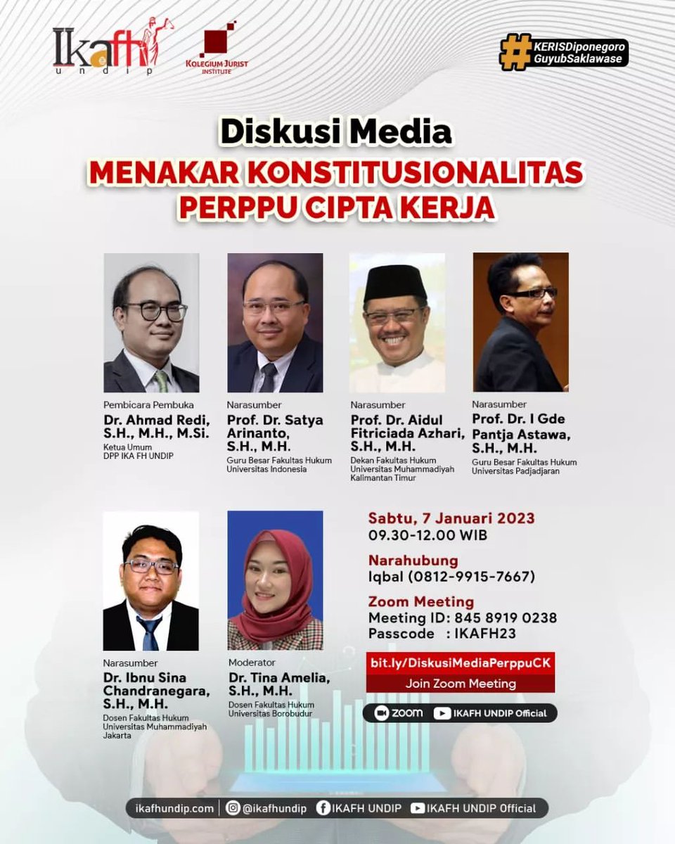 Kupas Tuntas Persoalan PERPPU CIPTAKER

DPP IKA FH Undip dan Kolegium Jurist Institute menggelar diskusi bertajuk “Menakar Konstitusionalitas PERPPU Cipta Kerja”, Sabtu (7/1/2023). “Di acara ini kita bebas untuk mendebatkan secara teori hukum, selengkapnya ikaundip.org/readmore/60854…