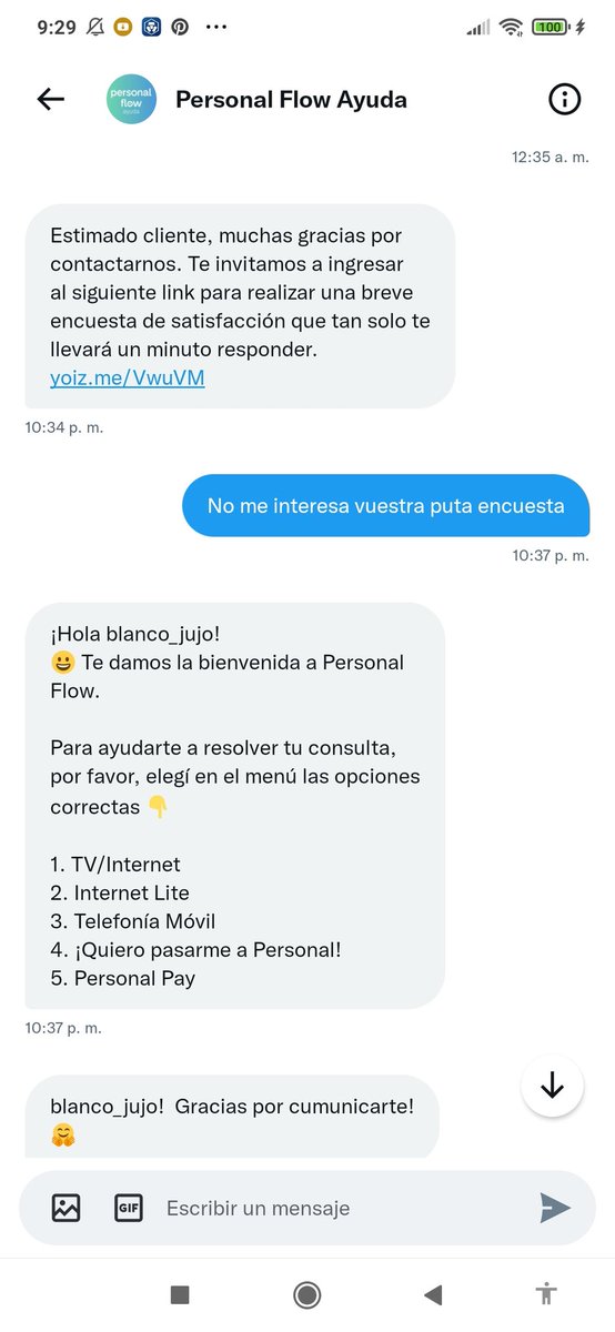 Con <a href="/PersonalFlow_At/">Personal Flow Ayuda</a> he intentado hablar y nunca he podido, la atención es demasiado mala, no me ayudan y me mandan un encuesta para saber si la atención ha sido óptima, en serio? Os estáis riendo en la cara de todos los clientes, tenéis que revisar los empleados que tenéis,