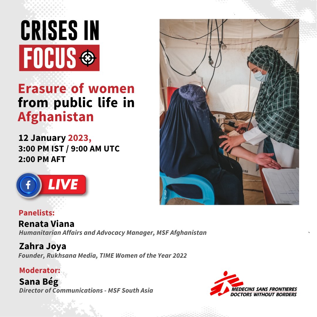 MSF_SouthAsia's tweet photo. 📢#CrisesInFocus- a riveting virtual discussion is starting in 60 minutes!
➡️Watch the live session at 3 PM IST/ 9:30 AM UTC/ 2:00 PM AFT
➡️Link: https://t.co/A34D5EOuDA

@MSF_Afghanistan @MSF https://t.co/hsrTzHBGZT