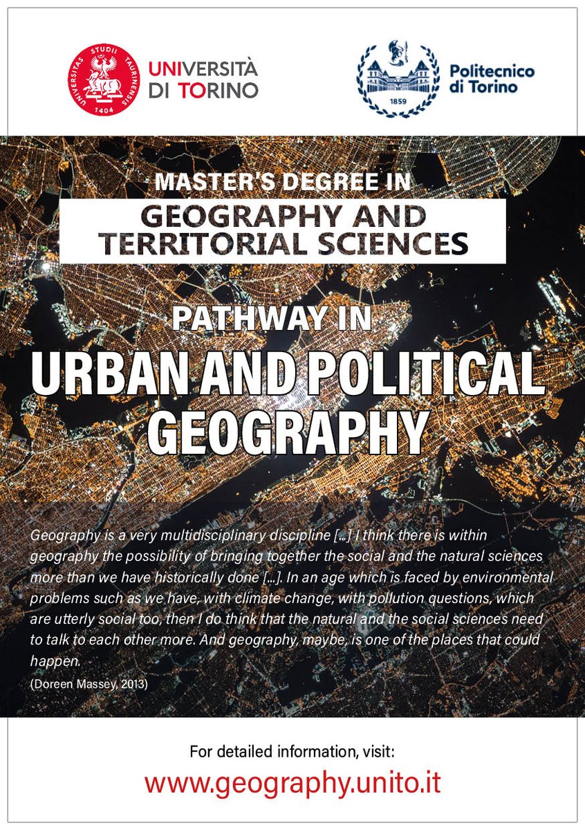 In #Turin we are launching a new #Urban and #Political #Geography pathway within our Master in Geography and Territorial Sciences.

All in English | With leading scholars | Beautiful City | Low tuition fees.

From Sept 2023. Check the full brochure: geography.unito.it/documents/2023…

 👇