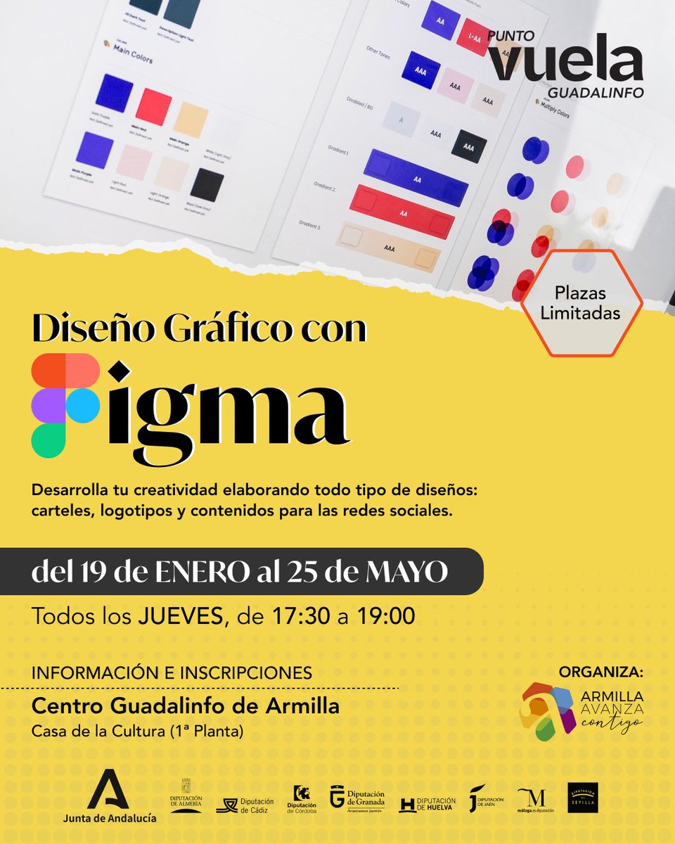 Curso de Diseño Gráfico con #Figma, software online con el que podrás desarrollar tu creatividad elaborando una gran variedad de contenidos visuales.

📅 Del 19 de ENERO al 25 de MAYO (Jueves de 17:30 a 19:00h)

📌 Información e inscripciones en el Centro #Guadalinfo #Armilla.