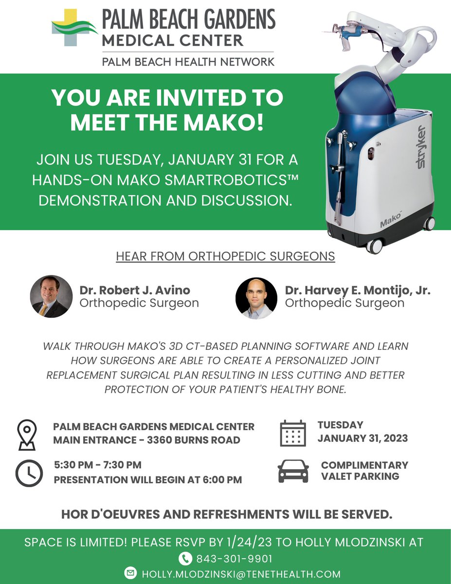 RobertAvinoMD's tweet image. YOU ARE INVITED TO MEET THE MAKO!
JOIN US ON TUESDAY, 31st JANUARY 2023 FOR A HANDS-ON MAKO SMARTROBOTICS™ DEMONSTRATION AND DISCUSSION.
#RobertAvinoMD #SMARTROBOTICS #MAKO