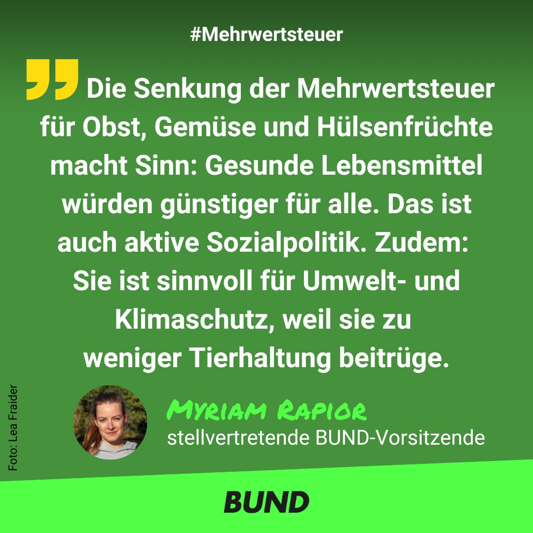 BUND (@bund_net) on Twitter photo Die #Mehrwertsteuer für Obst, Gemüse u. Hülsenfrüchte senken? Guter Vorschlag von <a href="/cem_oezdemir/">Cem Özdemir</a>! Für #Klimaschutz, #Umweltschutz, Mensch u. Tier. Warum äußert sich der <a href="/Bauern_Verband/">Deutscher Bauernverband e.V.</a> dagegen, obwohl wir uns als ZKL darauf verständigt hatten <a href="/JRukwied/">Joachim Rukwied</a>?
🔗 tagesschau.de/inland/innenpo… Die #Mehrwertsteuer für Obst, Gemüse u. Hülsenfrüchte senken? Guter Vorschlag von <a href="/cem_oezdemir/">Cem Özdemir</a>! Für #Klimaschutz, #Umweltschutz, Mensch u. Tier. Warum äußert sich der <a href="/Bauern_Verband/">Deutscher Bauernverband e.V.</a> dagegen, obwohl wir uns als ZKL darauf verständigt hatten <a href="/JRukwied/">Joachim Rukwied</a>?
🔗 tagesschau.de/inland/innenpo…
