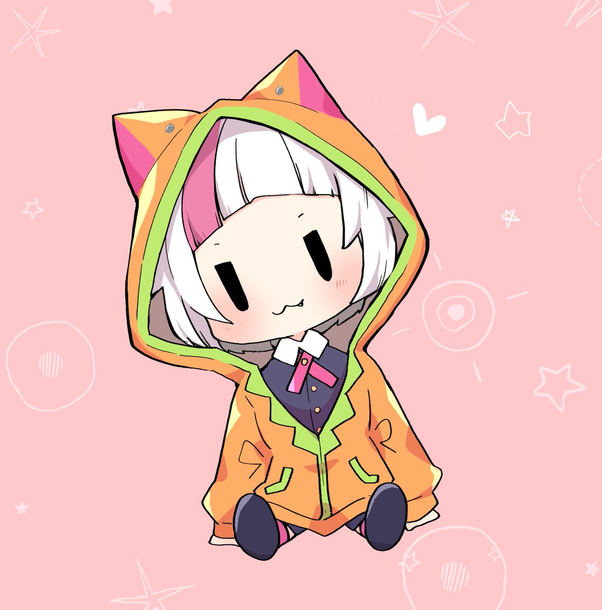 1girl solo white hair hood :3 sitting chibi  illustration images